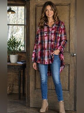 NWT Angie Multicolor Plaid Button-Up Shirt in Red, Pink, Orange - sz med